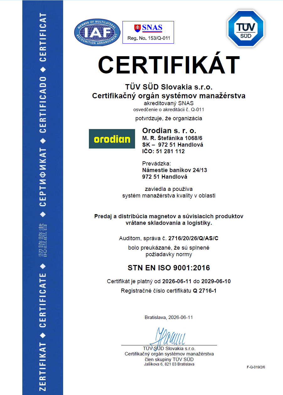 Certifikát ISO 9001:2016 vydaný spoločnosti Orodian s. r. o.