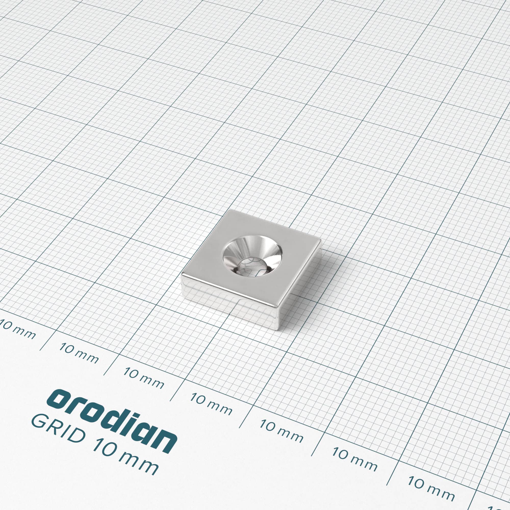 Neodýmový magnet kváder 15×15×5 mm s dierou M4 (južný pól na strane s priehlbinou) - N38 – Obrázok 2