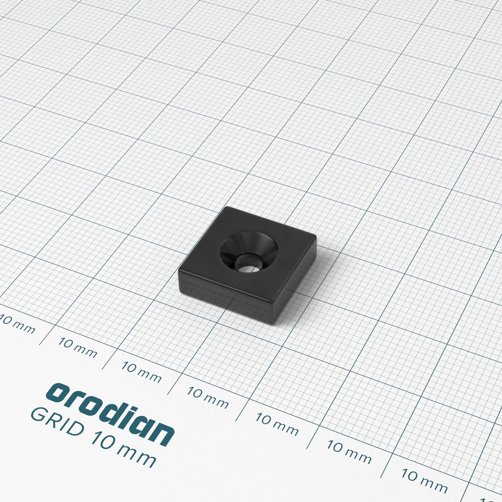 Neodýmový magnet kváder 15×15×5 mm s dierou M4 (severný pól na strane s priehlbinou) epoxy - N42 – Obrázok 2