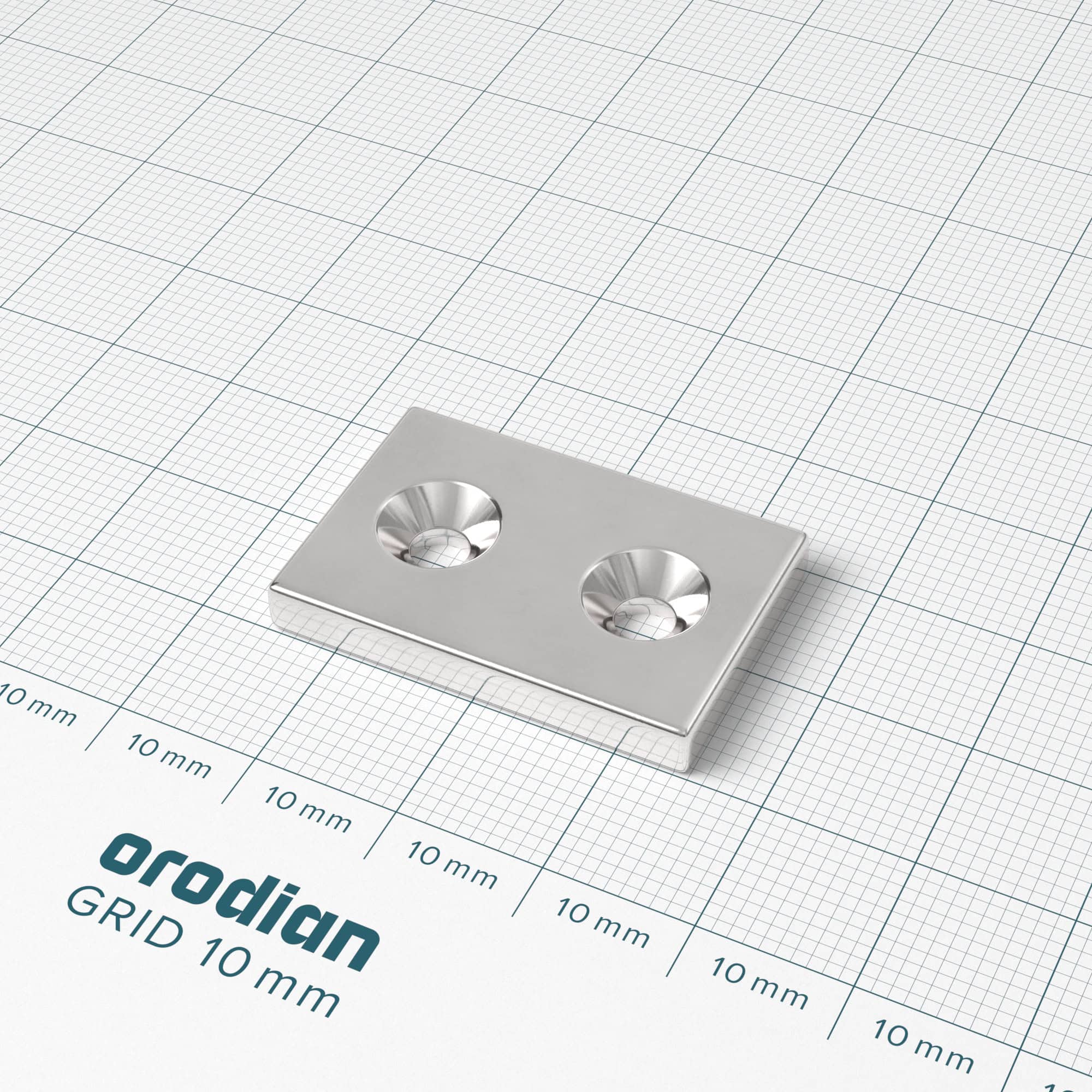 Neodýmový magnet kváder 30×20×4 mm s 2 dierami M4 (severný pól na strane s priehlbinami) - N38 – Obrázok 2