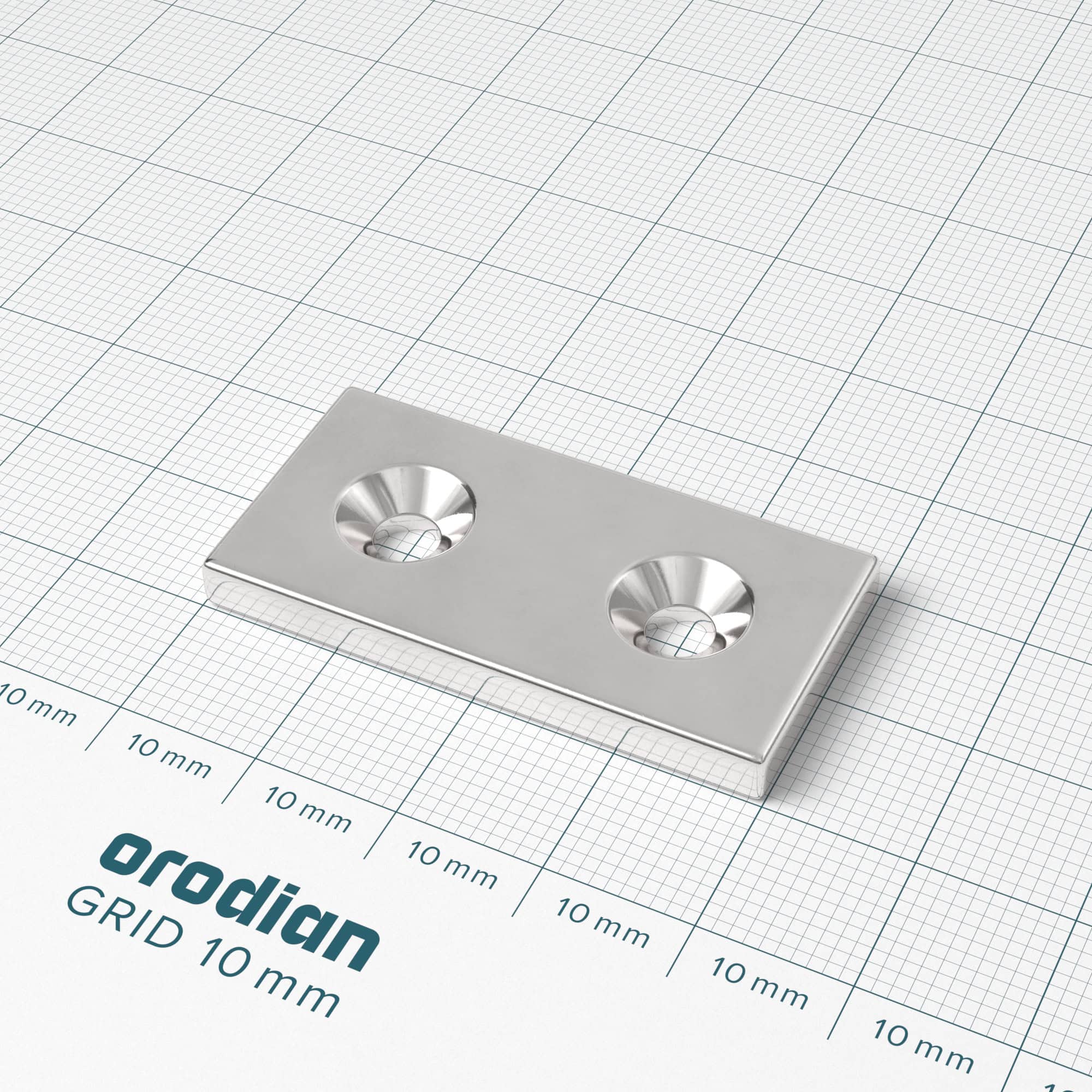 Neodýmový magnet kváder 40×20×4 mm s 2 dierami M4 (južný pól na strane s priehlbinami) - N38 – Obrázok 2