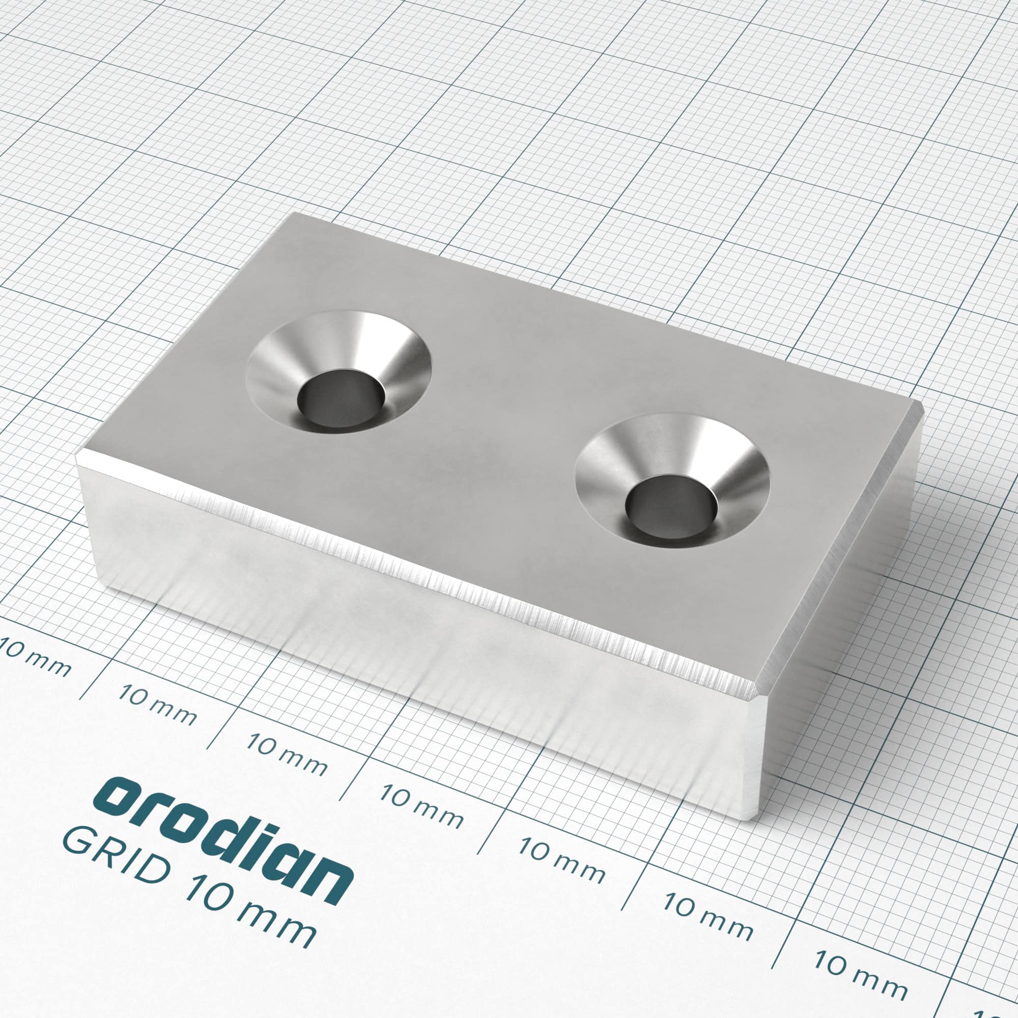 Neodýmový magnet kváder 50×30×13 mm s 2 dierami M6 (severný pól na strane s priehlbinami) - N45 – Obrázok 2