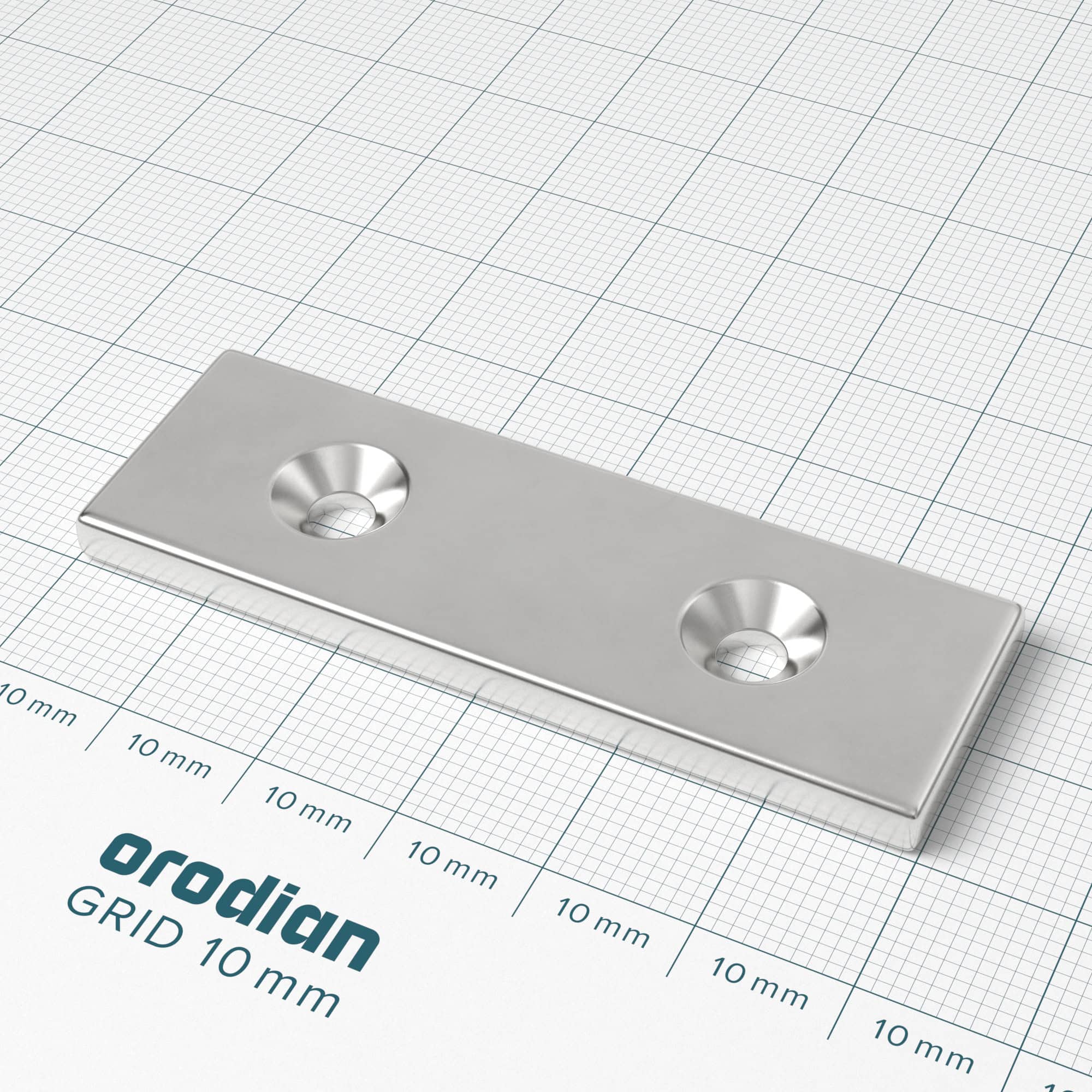 Neodýmový magnet kváder 60×20×4 mm s 2 dierami M4 (severný pól na strane s priehlbinami) - N38 – Obrázok 2