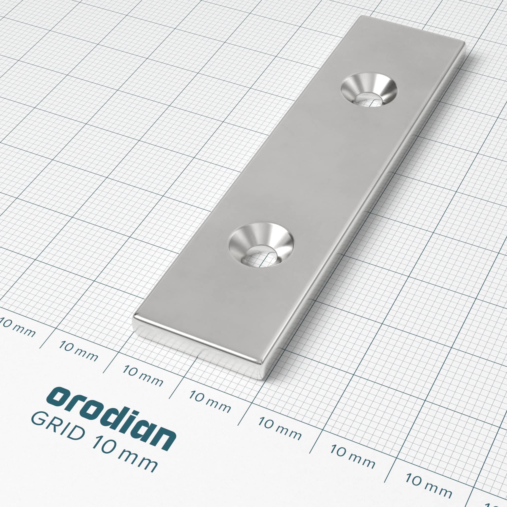 Neodýmový magnet kváder 80×20×4 mm s 2 dierami M4 (južný pól na strane s priehlbinami) - N38 – Obrázok 2