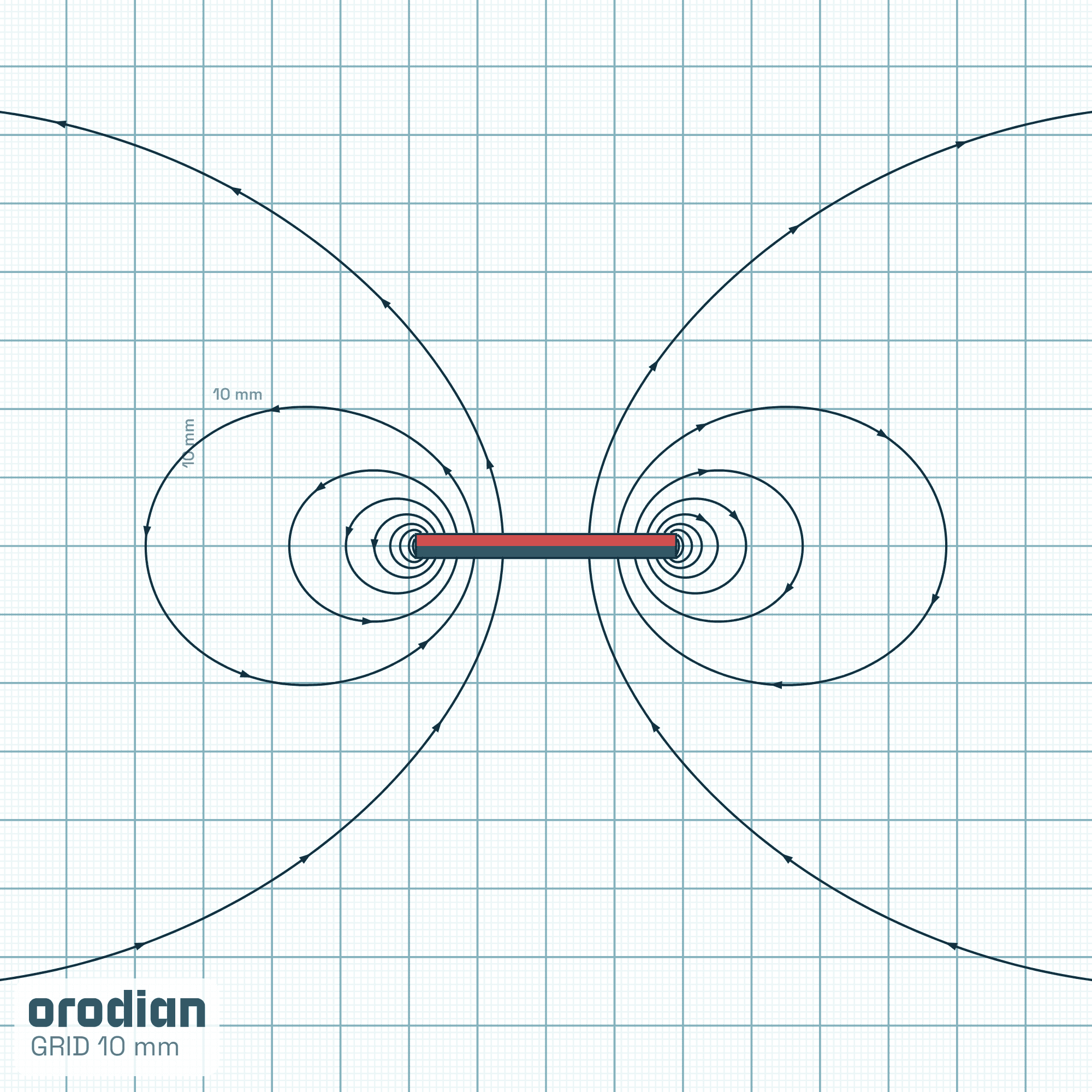 Siločiary magnetického poľa — neodýmový
valcový magnet ⌀38×3,5 mm, trieda N38 (simulácia)
