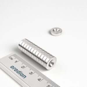 Neodýmový magnet valec 12×3 mm s dierou M3 (južný pól na strane s priehlbinou) - N38